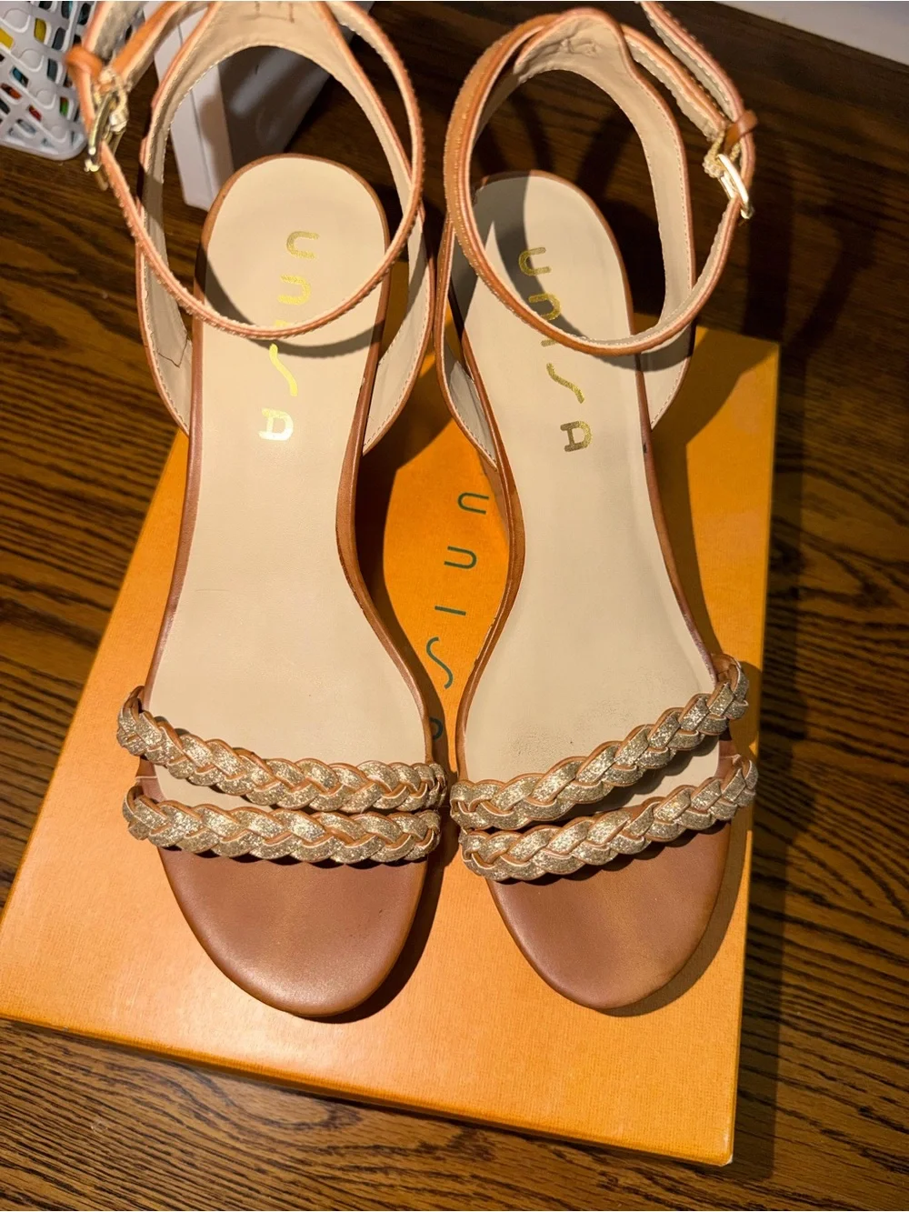 Unisa Tan Wedge Sandals with Braided Gold Straps